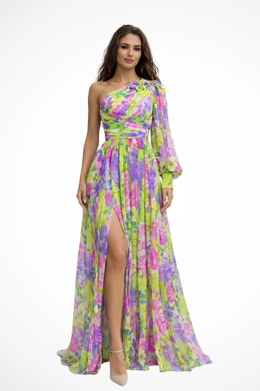 Alba Muse Floral One-Shoulder Maxi Dress High Slit