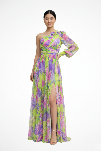 Alba Muse Floral One-Shoulder Maxi Dress High Slit