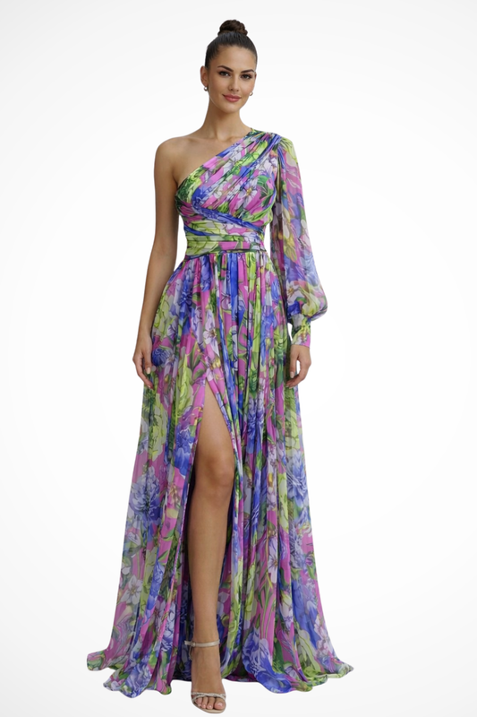 Alba Muse Floral One-Shoulder Maxi Dress High Slit