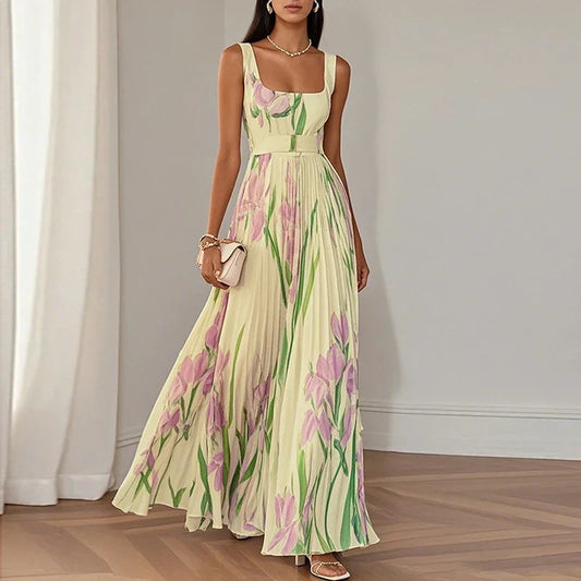 Alba Muse Floral Square Neck Pleated Maxi Dress
