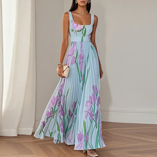 Alba Muse Floral Square Neck Pleated Maxi Dress