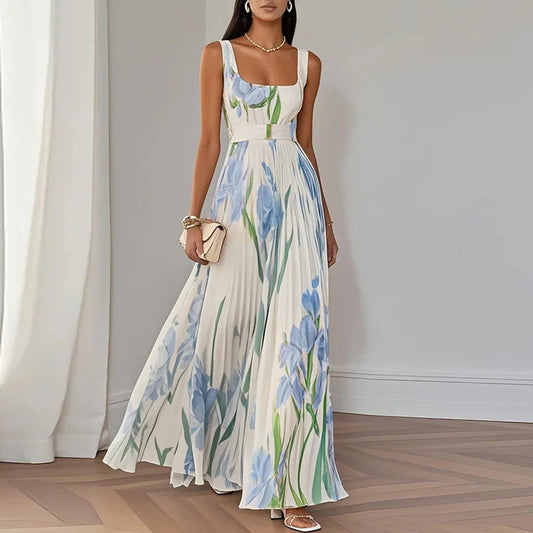 Alba Muse Floral Square Neck Pleated Maxi Dress