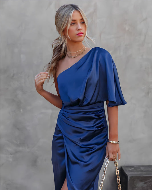 Alba Muse One Shoulder Wrap Satin Midi Dress