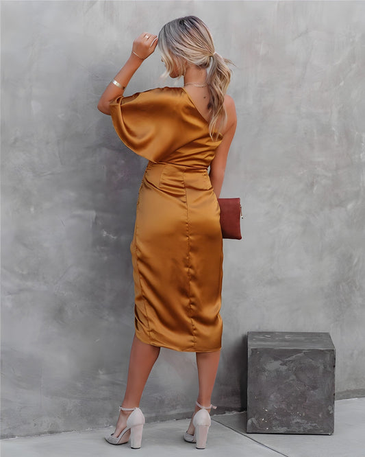 Alba Muse One Shoulder Wrap Satin Midi Dress