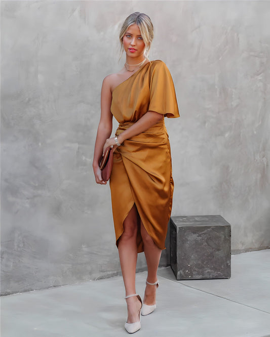 Alba Muse One Shoulder Wrap Satin Midi Dress