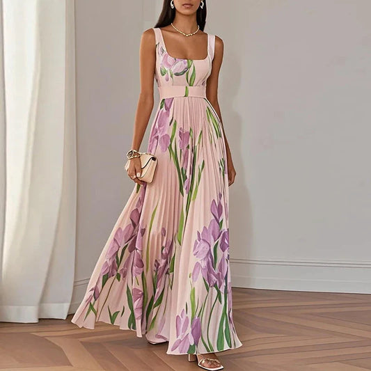 Alba Muse Floral Square Neck Pleated Maxi Dress