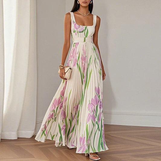 Alba Muse Floral Square Neck Pleated Maxi Dress