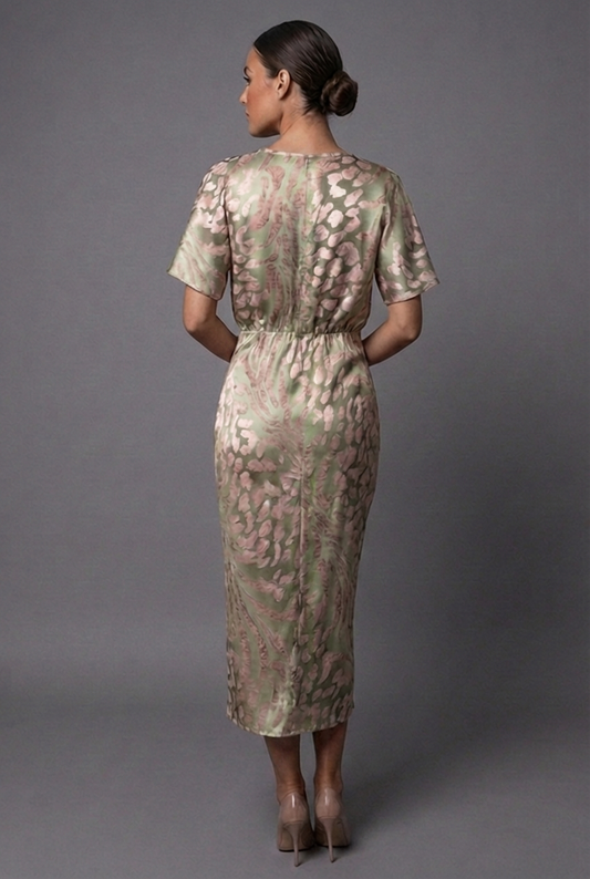Alba Muse Twist-Front Flutter Sleeve V-Neck Midi Dress Metallic
