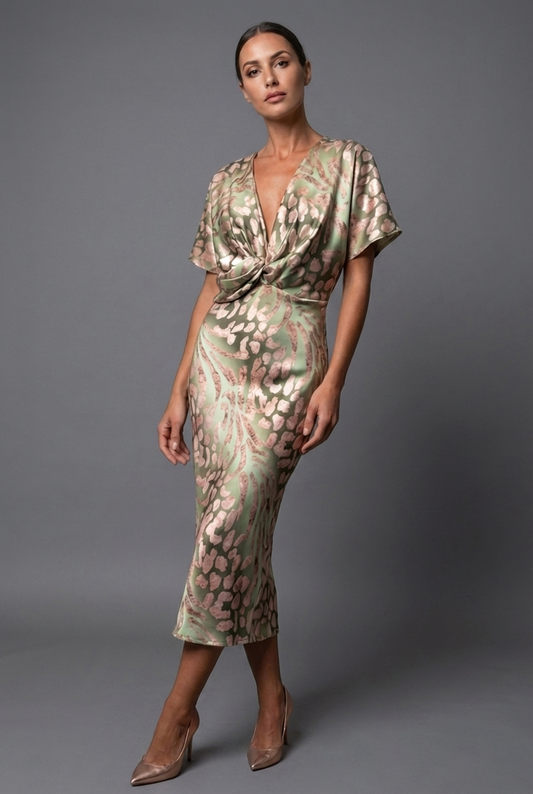 Alba Muse Twist-Front Flutter Sleeve V-Neck Midi Dress Metallic