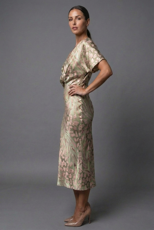 Alba Muse Twist-Front Flutter Sleeve V-Neck Midi Dress Metallic