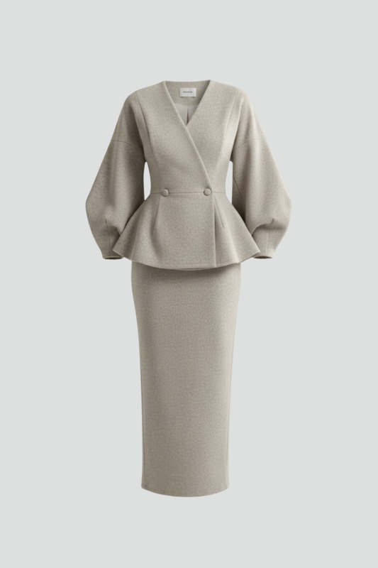 Alba Muse Puff Sleeve Skirt Suit Set V-Neck Blazer Midi
