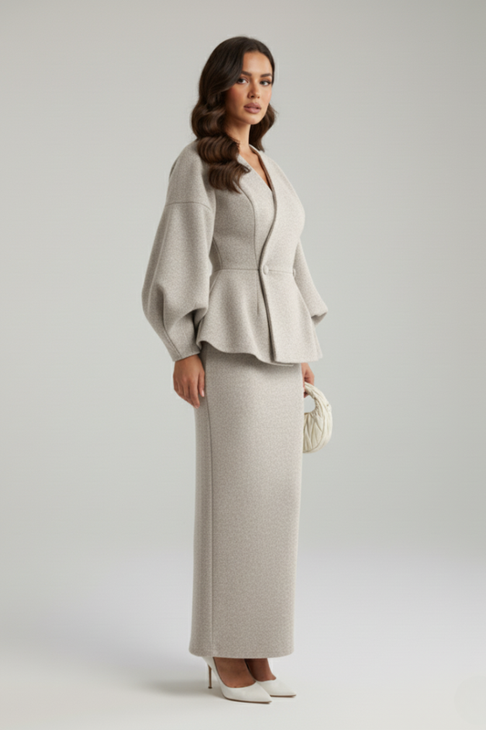 Alba Muse Puff Sleeve Skirt Suit Set V-Neck Blazer Midi