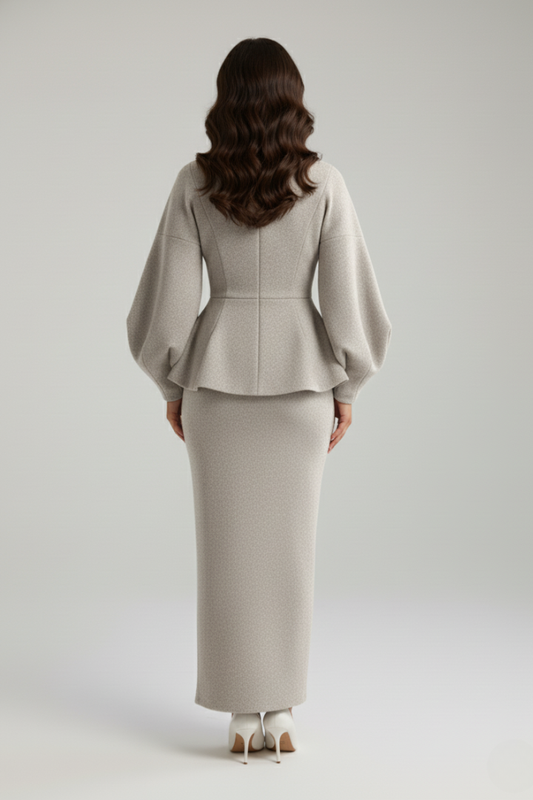 Alba Muse Puff Sleeve Skirt Suit Set V-Neck Blazer Midi