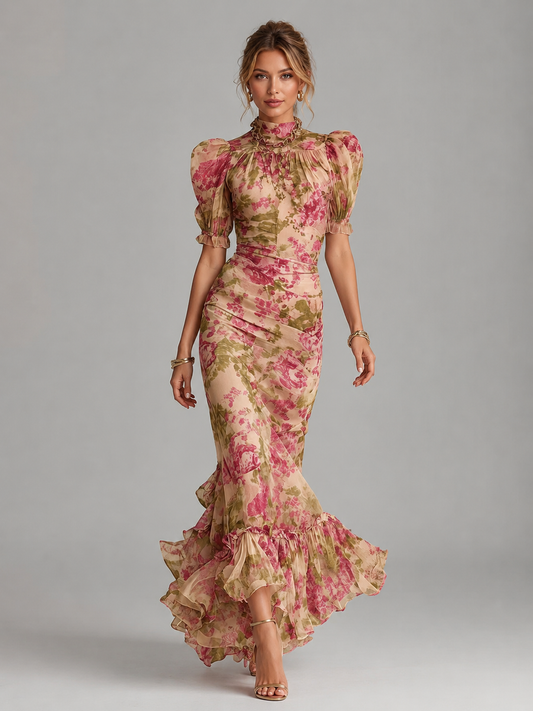 Alba Muse Floral Chiffon Maxi Dress Puff Sleeve Fishtail Pink