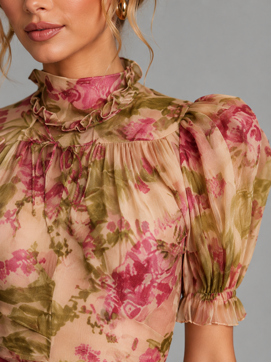 Alba Muse Floral Chiffon Maxi Dress Puff Sleeve Fishtail Pink