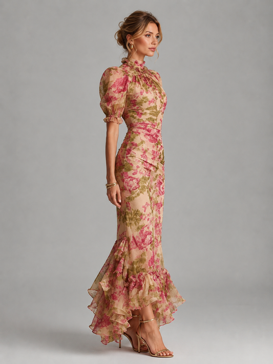 Alba Muse Floral Chiffon Maxi Dress Puff Sleeve Fishtail Pink