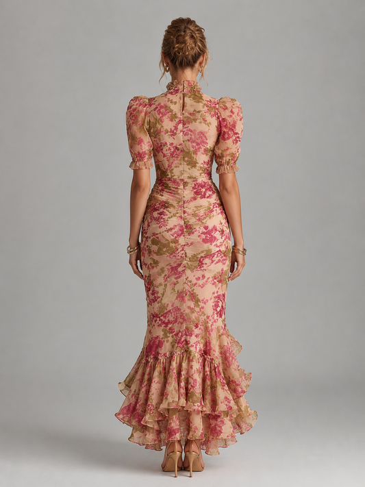 Alba Muse Floral Chiffon Maxi Dress Puff Sleeve Fishtail Pink