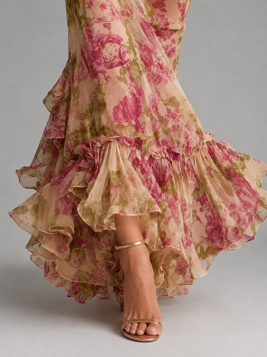 Alba Muse Floral Chiffon Maxi Dress Puff Sleeve Fishtail Pink