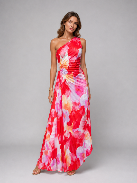 Alba Muse One-Shoulder Pleated Floral Maxi Dress Wedding Guest