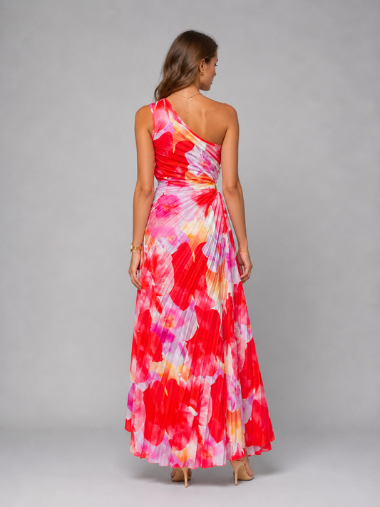 Alba Muse One-Shoulder Pleated Floral Maxi Dress Wedding Guest