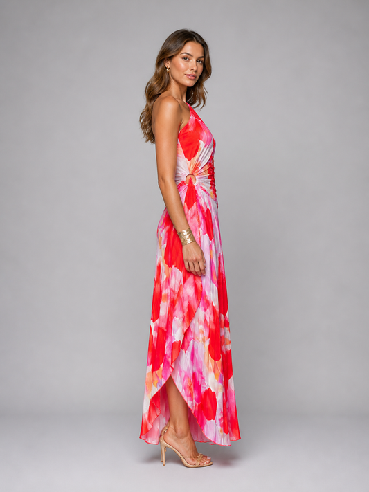 Alba Muse One-Shoulder Pleated Floral Maxi Dress Wedding Guest