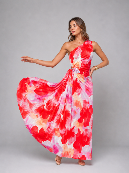 Alba Muse One-Shoulder Pleated Floral Maxi Dress Wedding Guest