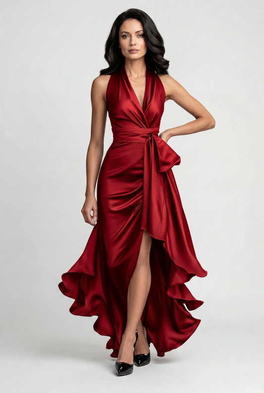 Alba Muse Halter High-Low Ruffle Hem Prom Dress