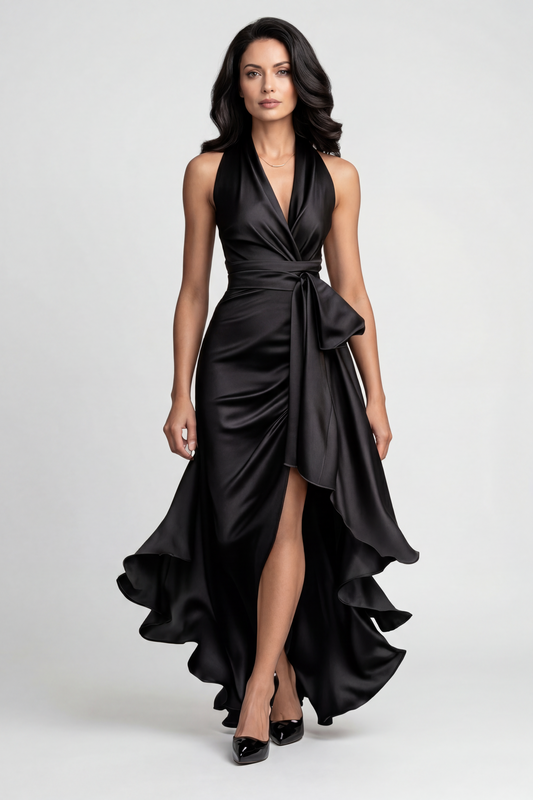 Alba Muse Halter High-Low Ruffle Hem Prom Dress
