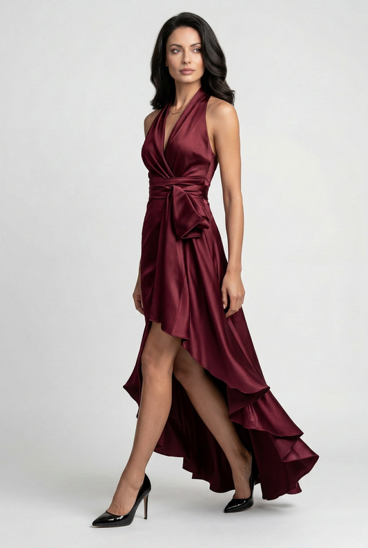 Alba Muse Halter High-Low Ruffle Hem Prom Dress