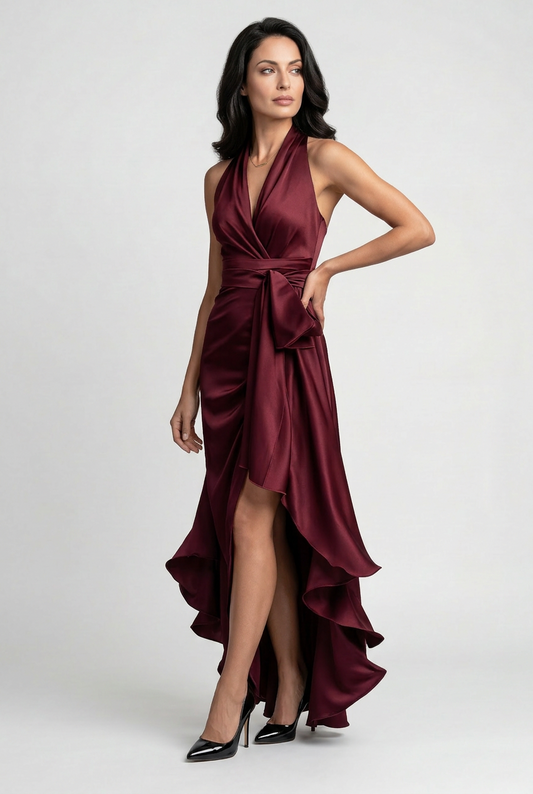 Alba Muse Halter High-Low Ruffle Hem Prom Dress