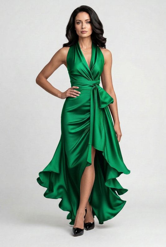 Alba Muse Halter High-Low Ruffle Hem Prom Dress