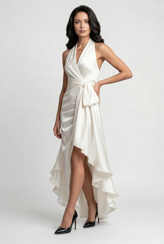 Alba Muse Halter High-Low Ruffle Hem Prom Dress