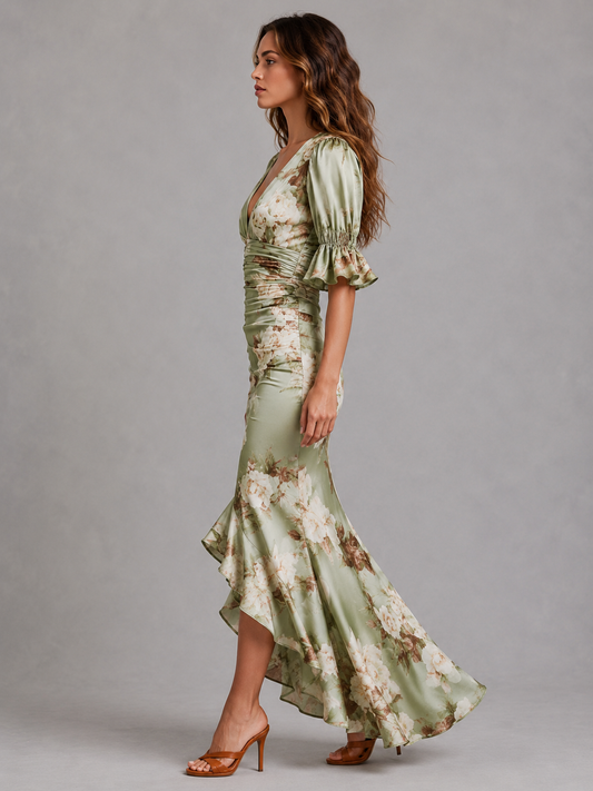 Alba Muse Satin Feel Floral Maxi Dress Ruched Waist Green