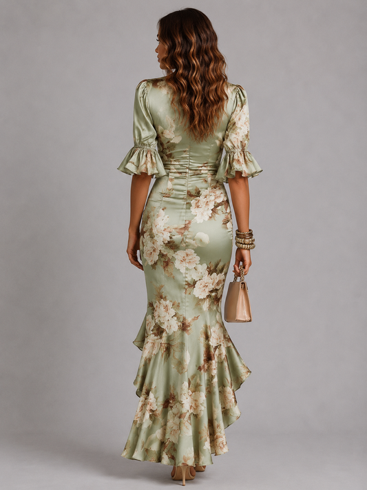 Alba Muse Satin Feel Floral Maxi Dress Ruched Waist Green
