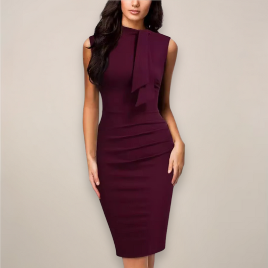 Alba Muse High Neck Sheath Midi Dress With Ruched Waist