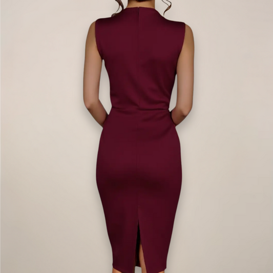 High Neck Sheath Midi Dress With Ruched Waist