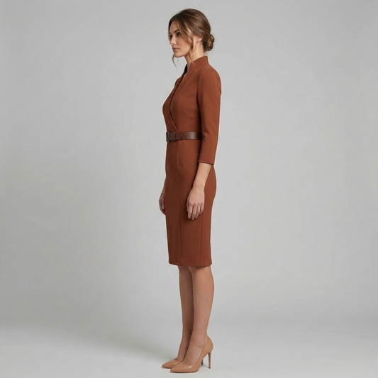 Alba Muse V-Neck Belted Pencil Midi Dress