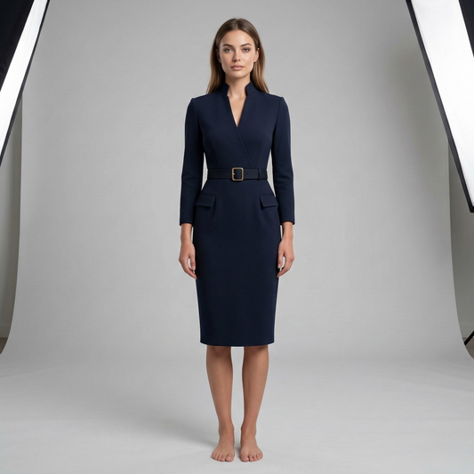 Alba Muse V-Neck Belted Pencil Midi Dress Smart Office