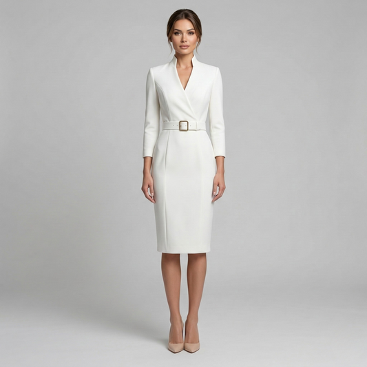 Alba Muse V-Neck Belted Pencil Midi Dress Smart Office