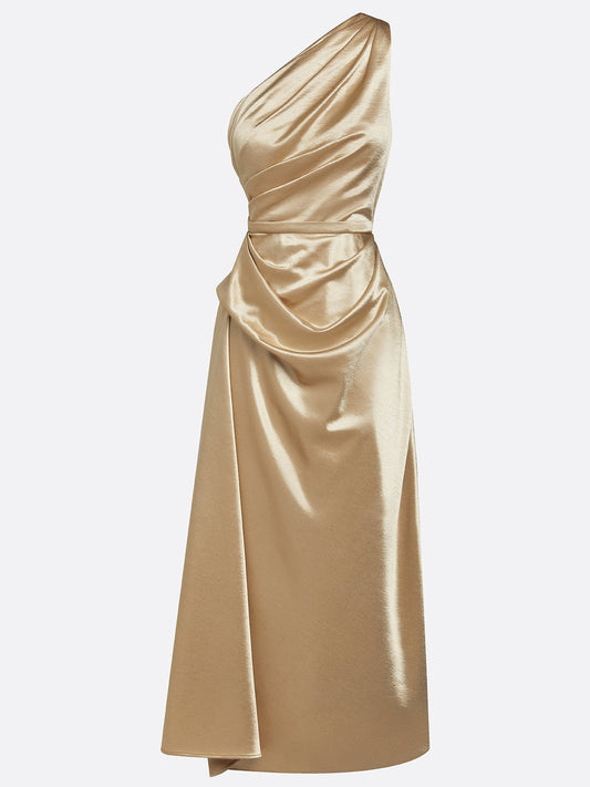 Alba Muse One-Shoulder Ruched Satin Midi Dress