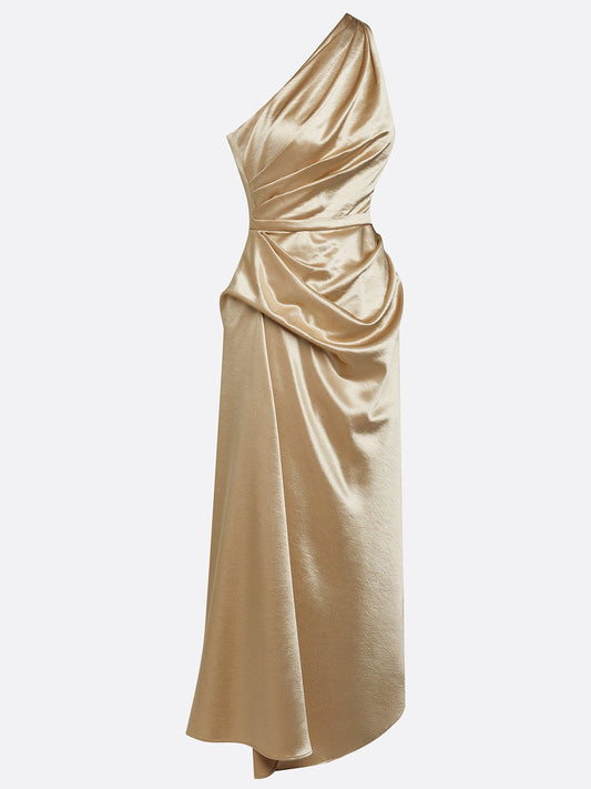 Alba Muse One-Shoulder Ruched Satin Midi Dress