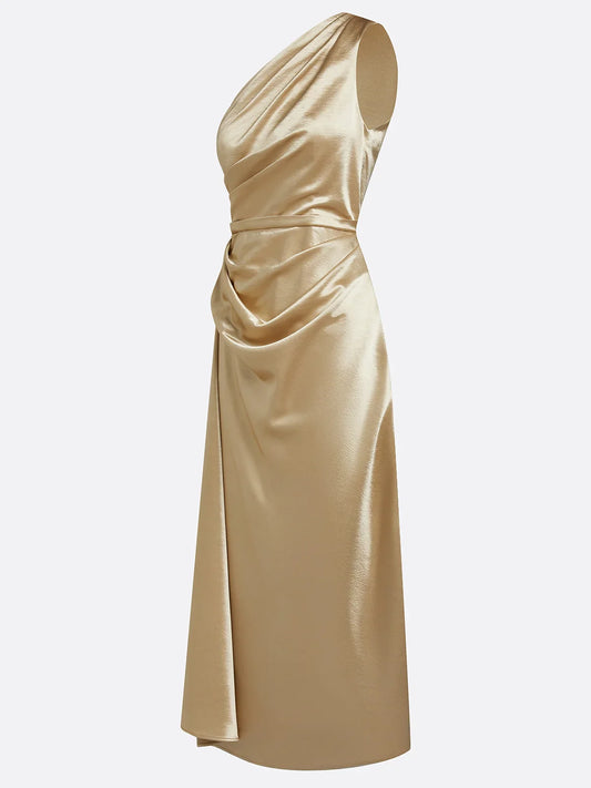 Alba Muse One-Shoulder Ruched Satin Midi Dress
