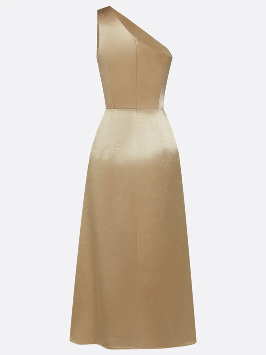 Alba Muse One-Shoulder Ruched Satin Midi Dress