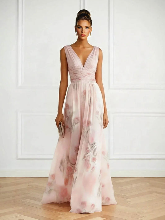 Alba Muse V-Neck Floral Tulle Maxi Dress Pink