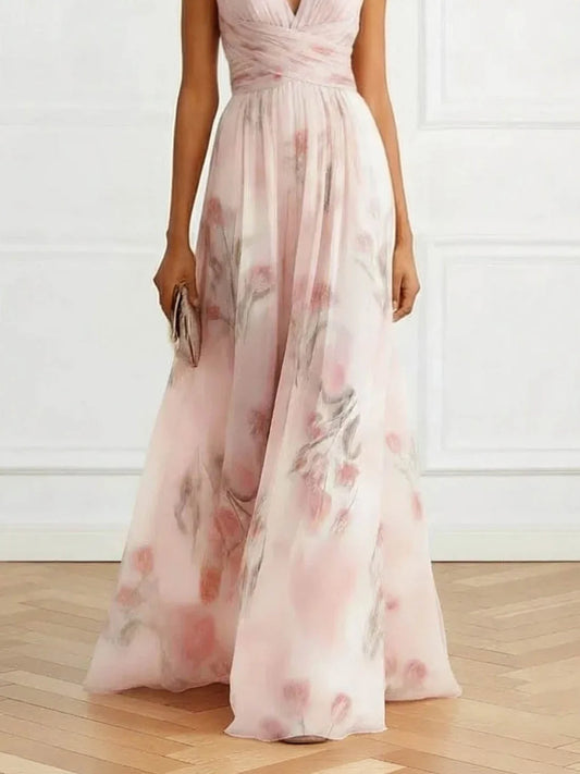 Alba Muse V-Neck Floral Tulle Maxi Dress Pink