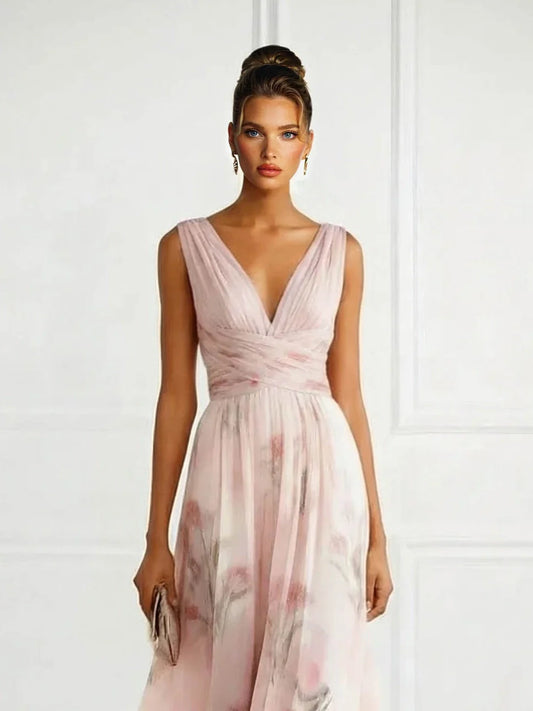 Alba Muse V-Neck Floral Tulle Maxi Dress Pink