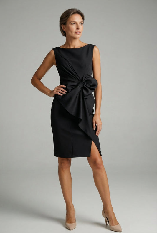 Alba Muse Bow Waist Pencil Cocktail Dress Sleeveless Side Split