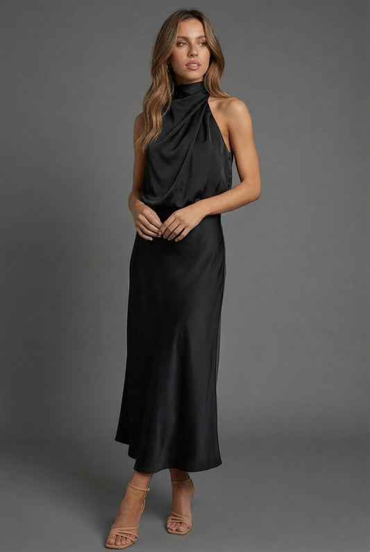 Alba Muse Halterneck Satin Midi Dress Wedding Guest Formal