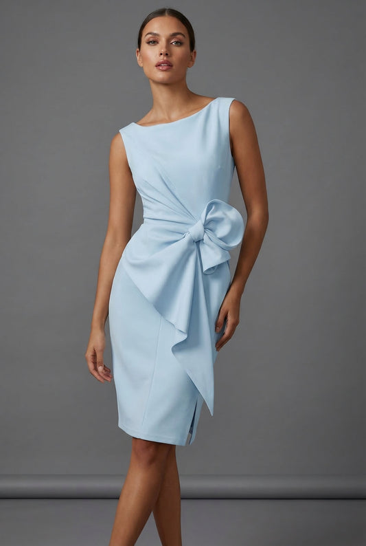 Alba Muse Bow Waist Pencil Cocktail Dress Sleeveless Side Split