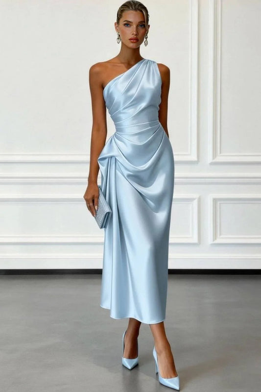 Alba Muse Slanted Collar Pleated Midi Dress Blue